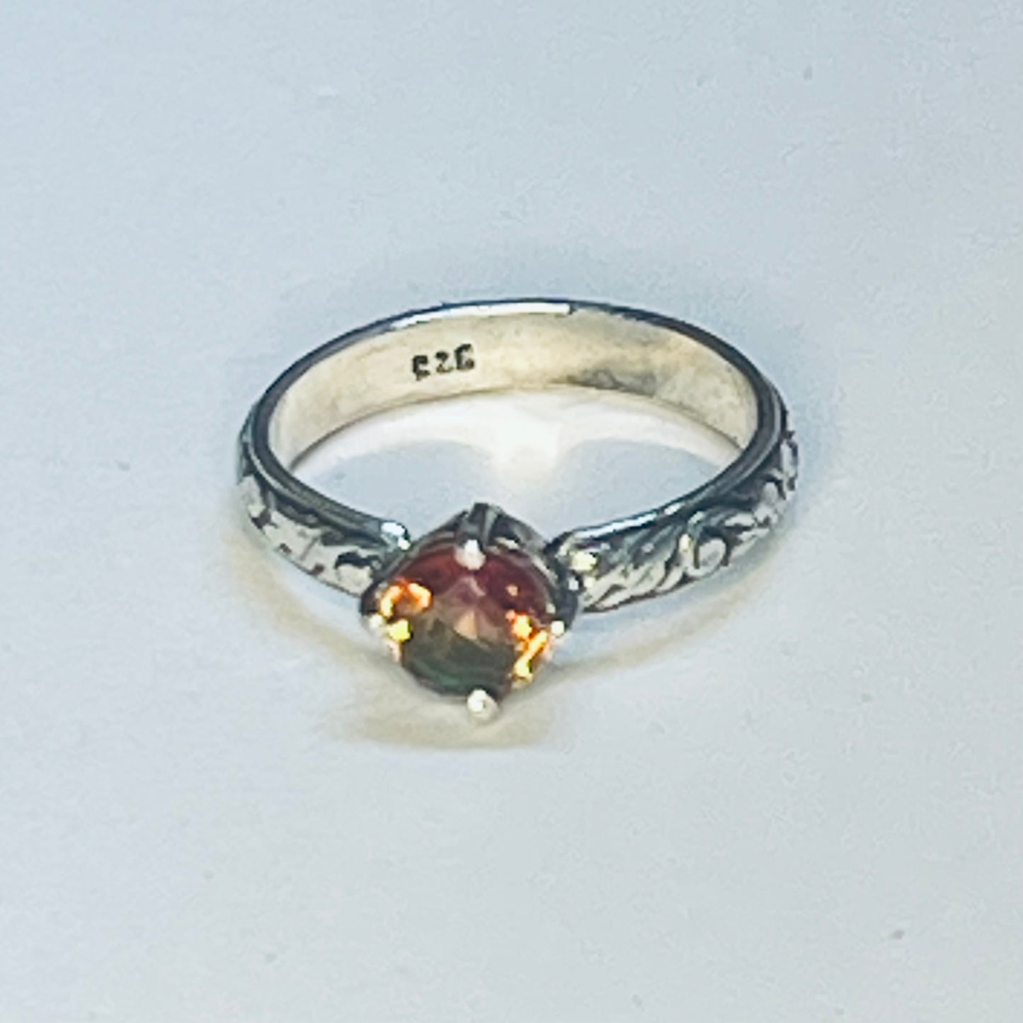 Watermelon Quartz Embossed Band Sterling Ring size 7