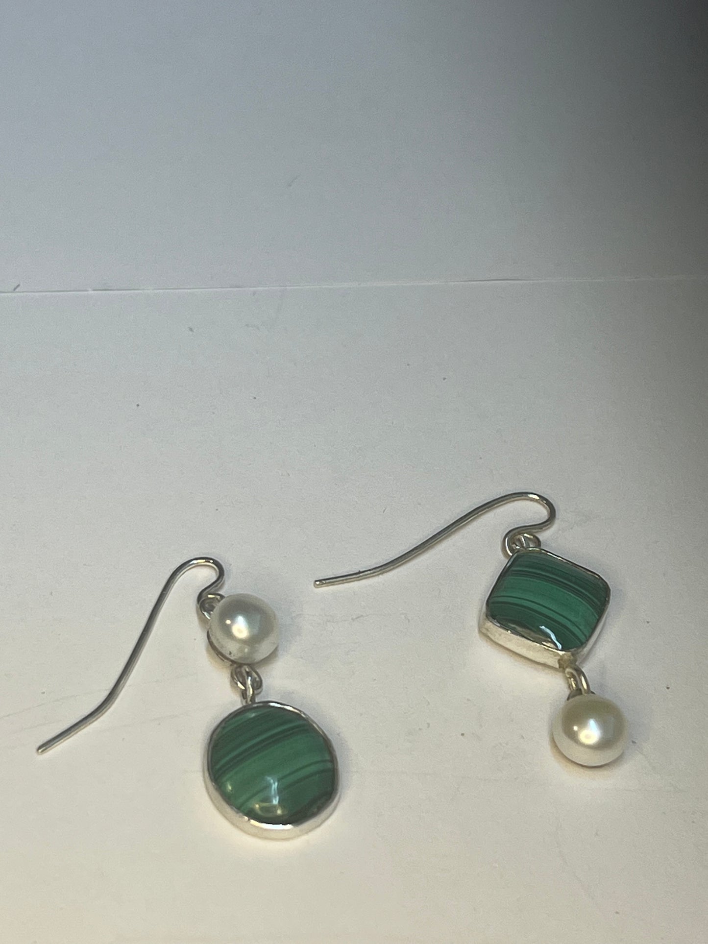Pearl and Malachite asymmetrical earrings