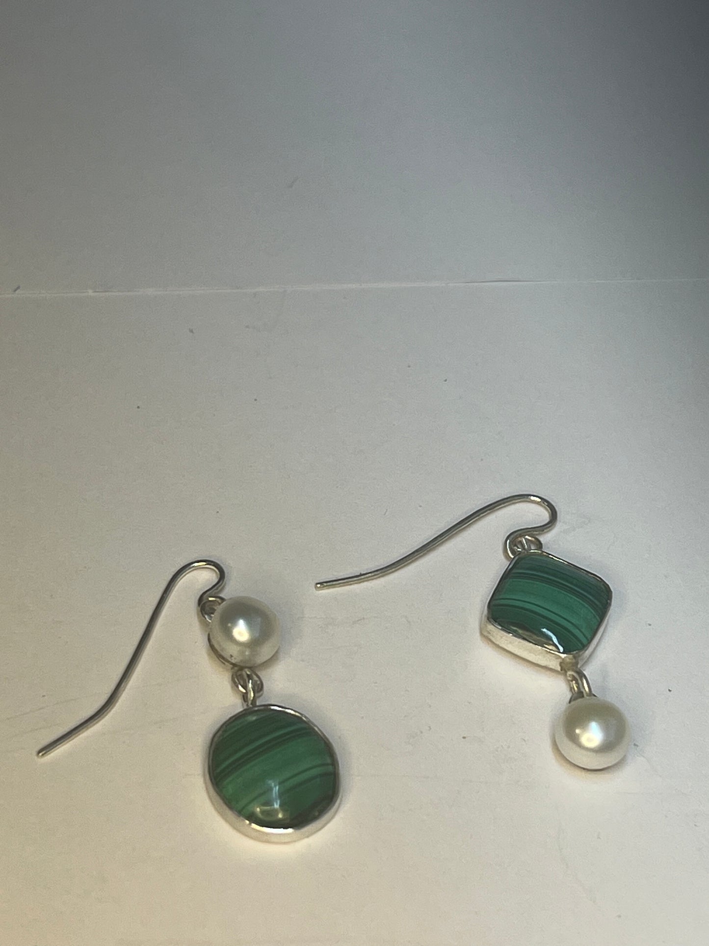Pearl and Malachite asymmetrical earrings