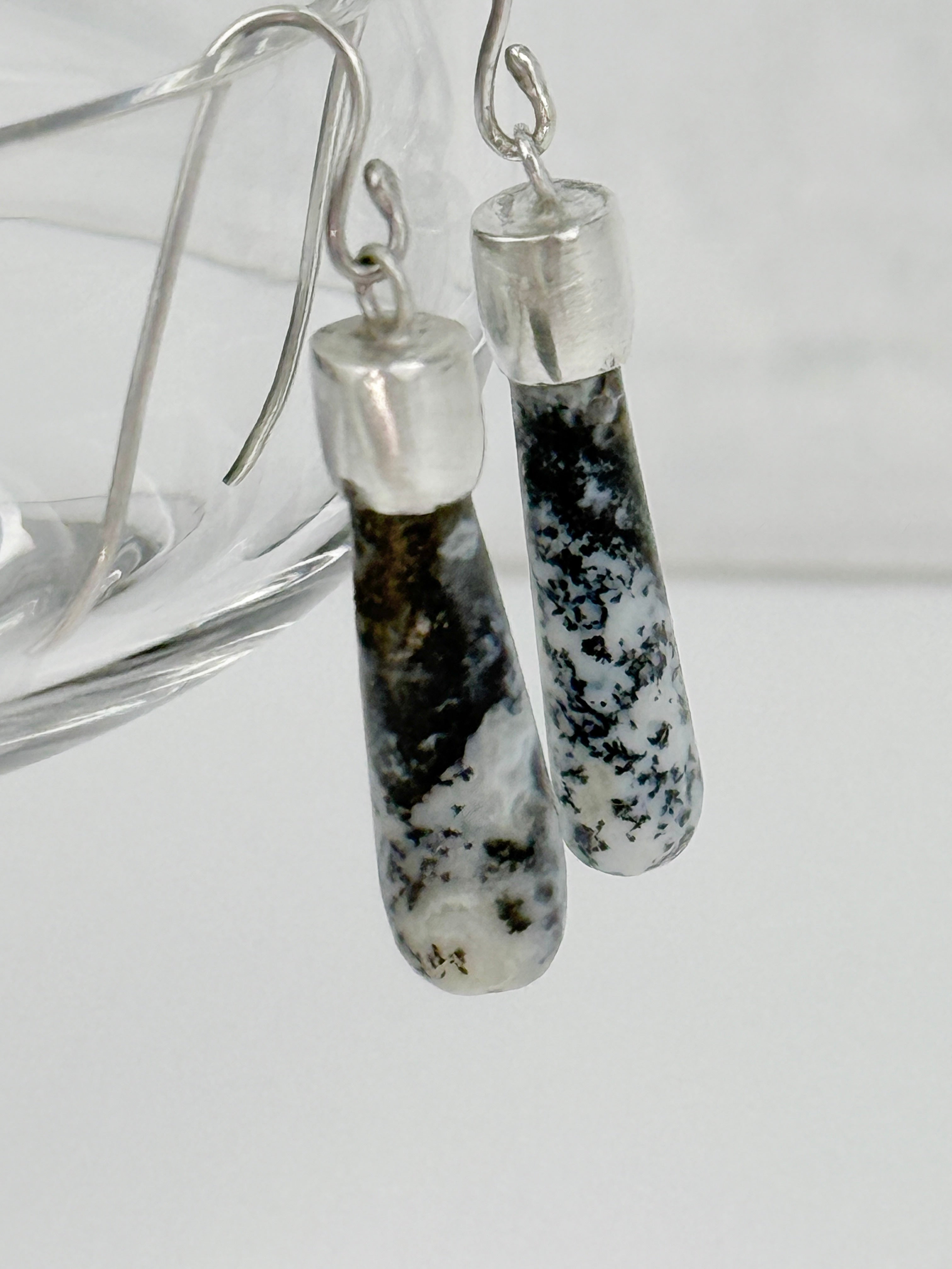 Blue Dendritic Agate and Silver Teardrop Earrings