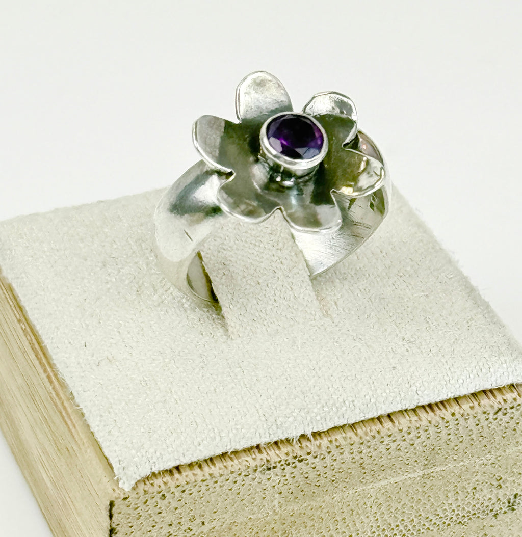 Small  Sterling Flower Ring with Amethyst size 6.5