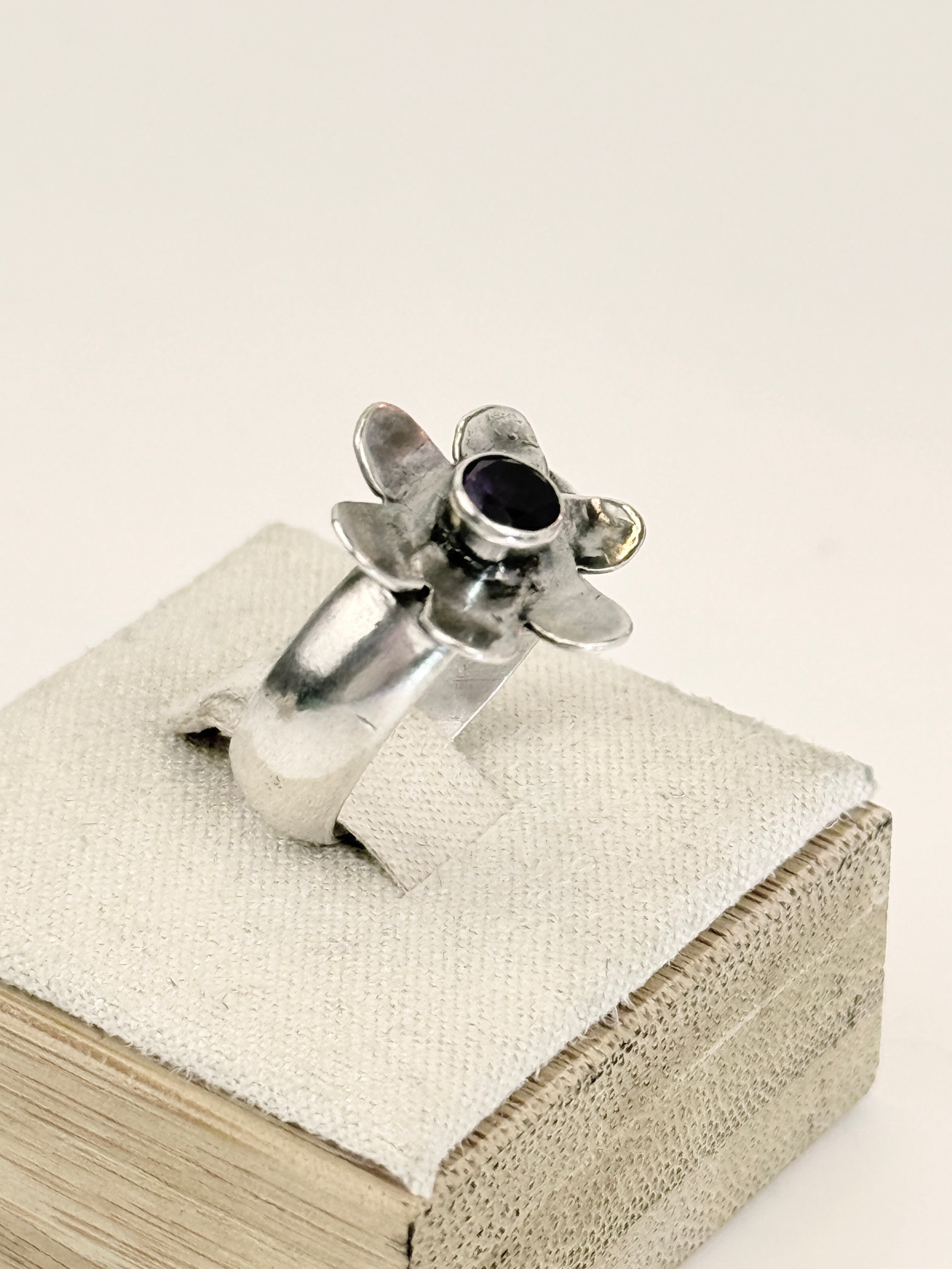 Small  Sterling Flower Ring with Amethyst size 6.5