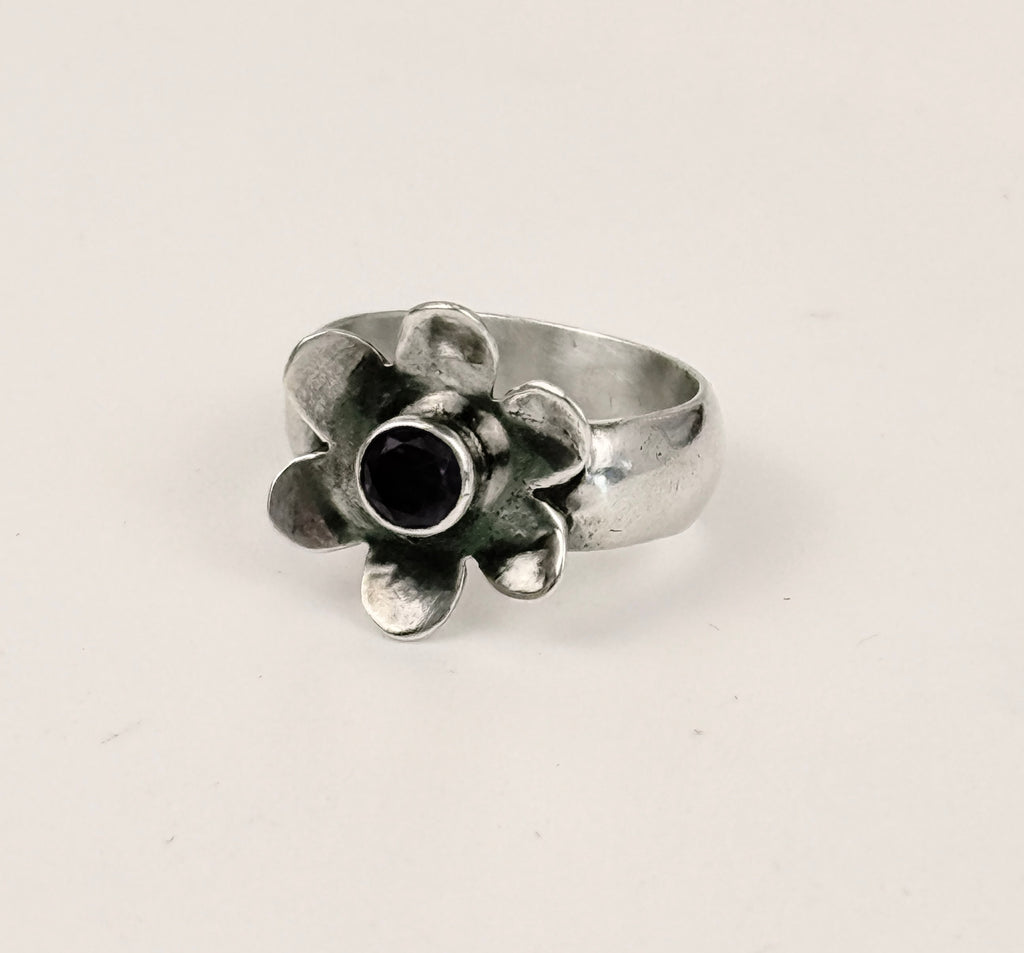 Small  Sterling Flower Ring with Amethyst size 6.5
