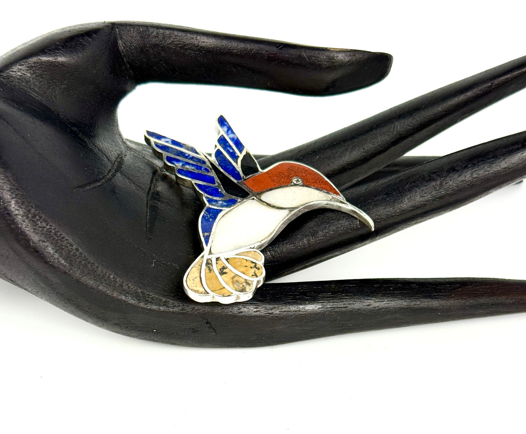 Hummingbird Inlaid Sterling Silver Pendant or Brooch