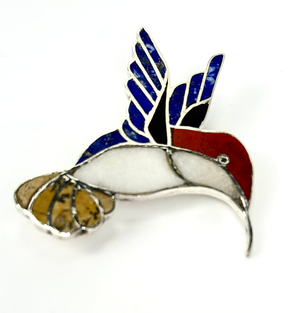 Hummingbird Inlaid Sterling Silver Pendant or Brooch