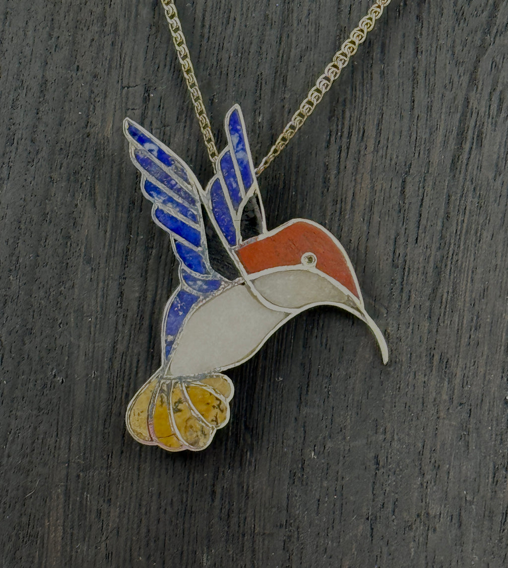 Hummingbird Inlaid Sterling Silver Pendant or Brooch