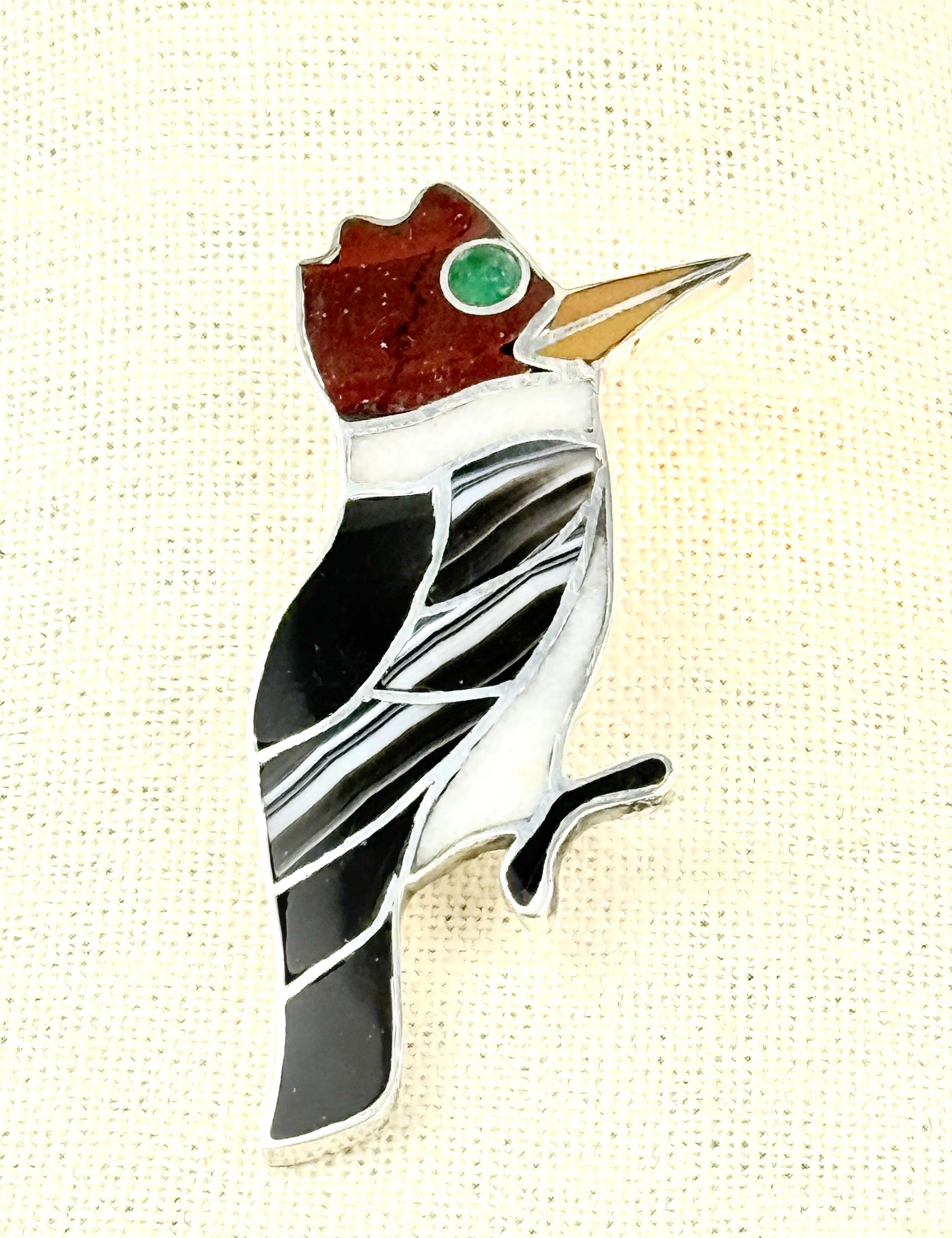 Stone Inlaid Sterling Silver Woodpecker Pendant or Brooch