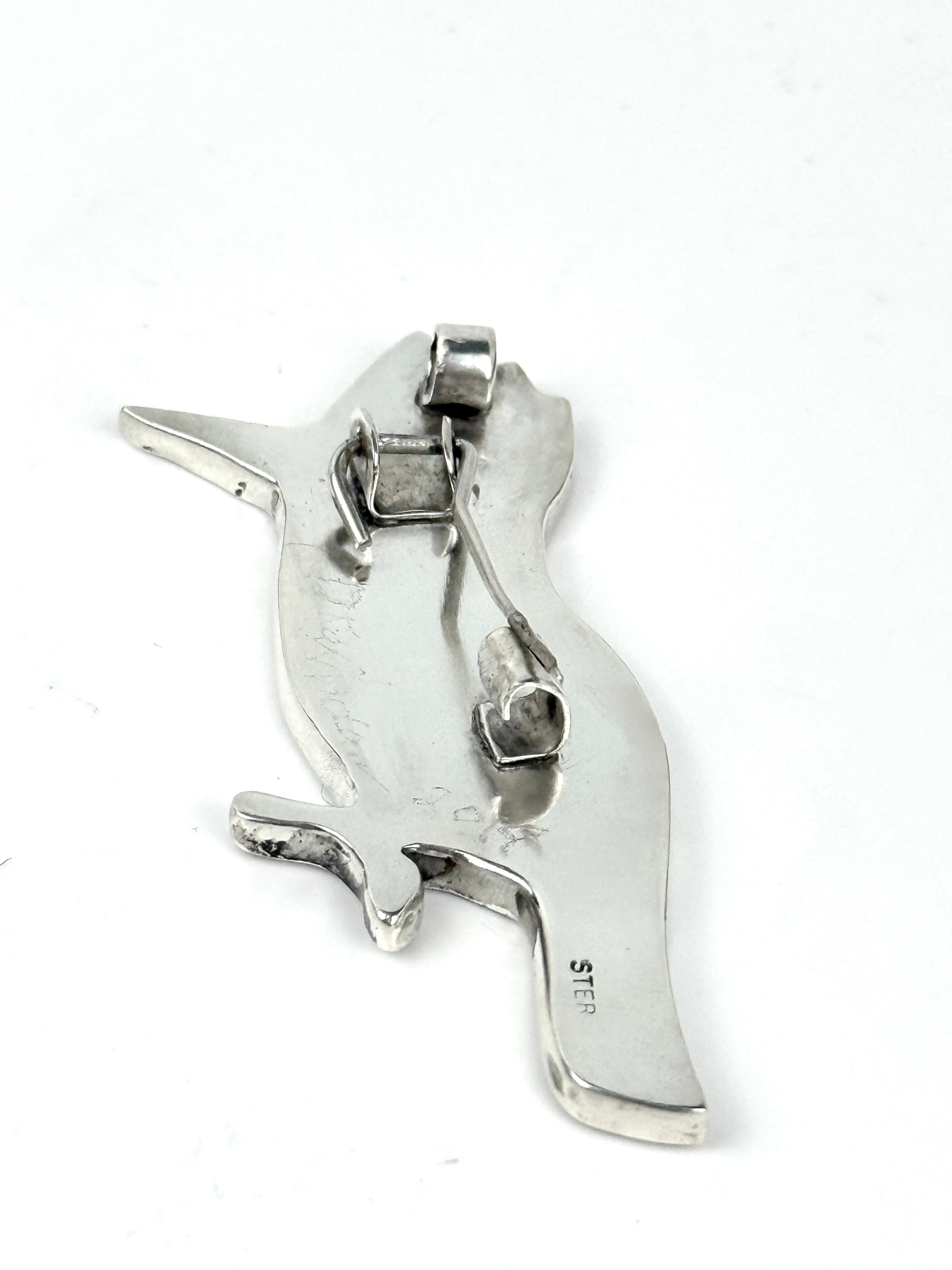 Stone Inlaid Sterling Silver Woodpecker Pendant or Brooch