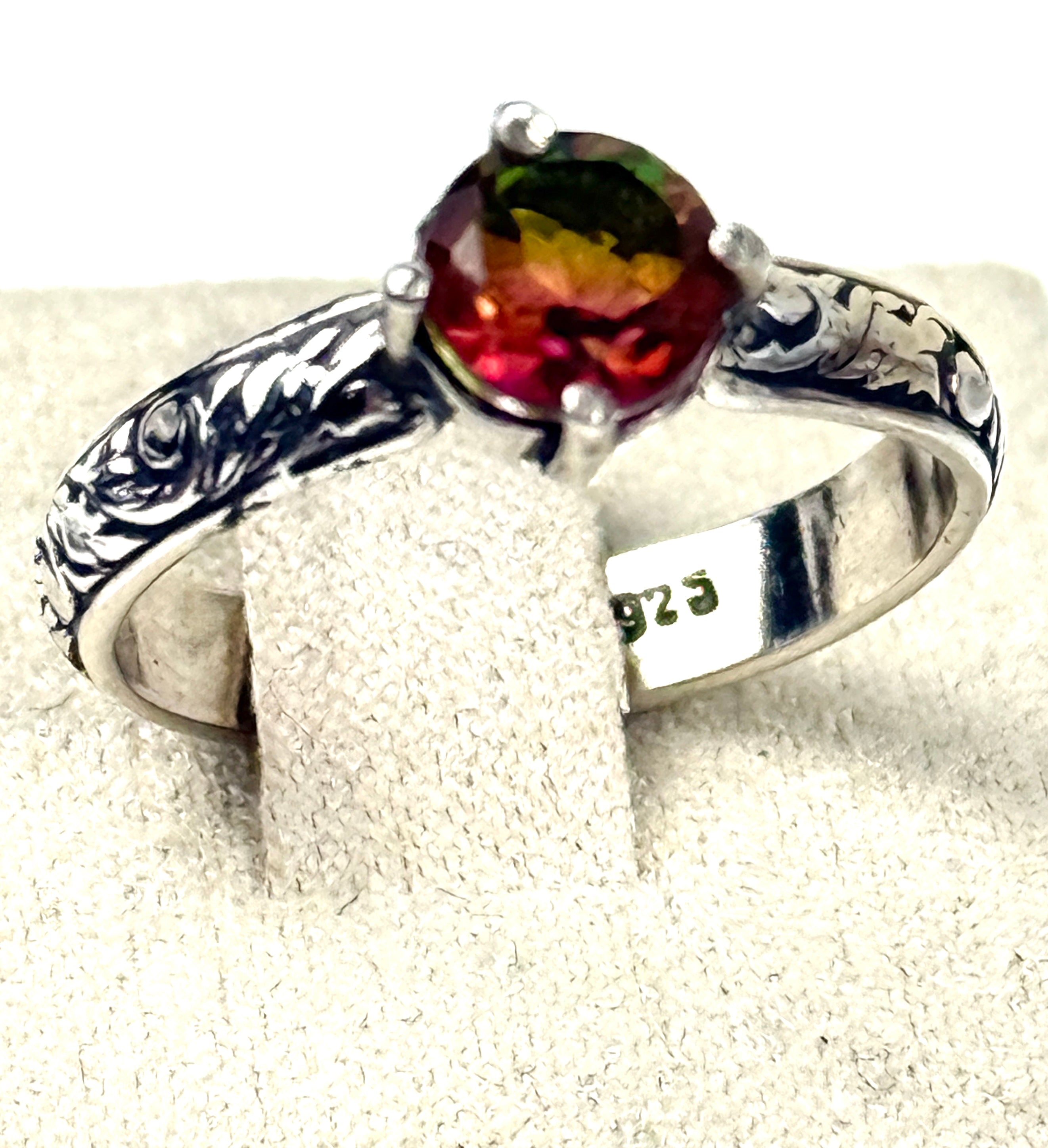Watermelon Quartz Embossed Band Sterling Ring size 7