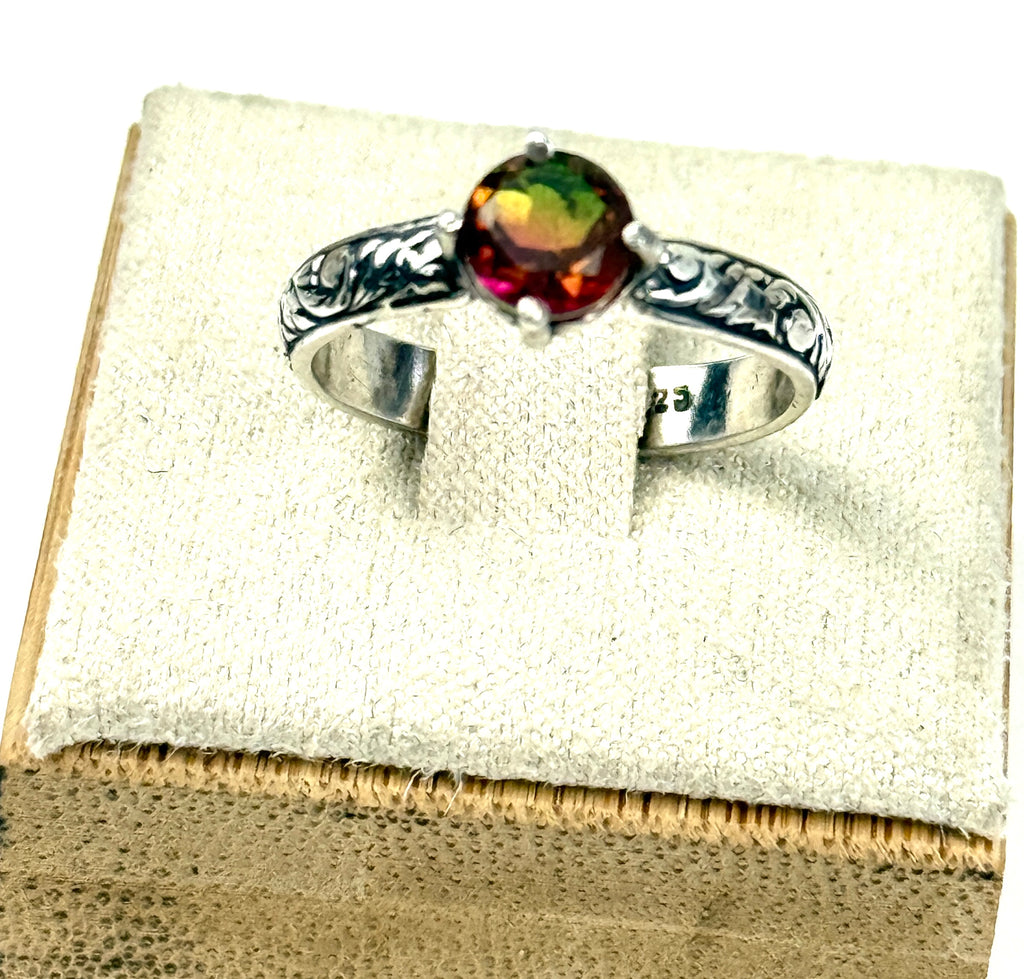 Watermelon Quartz Embossed Band Sterling Ring size 7