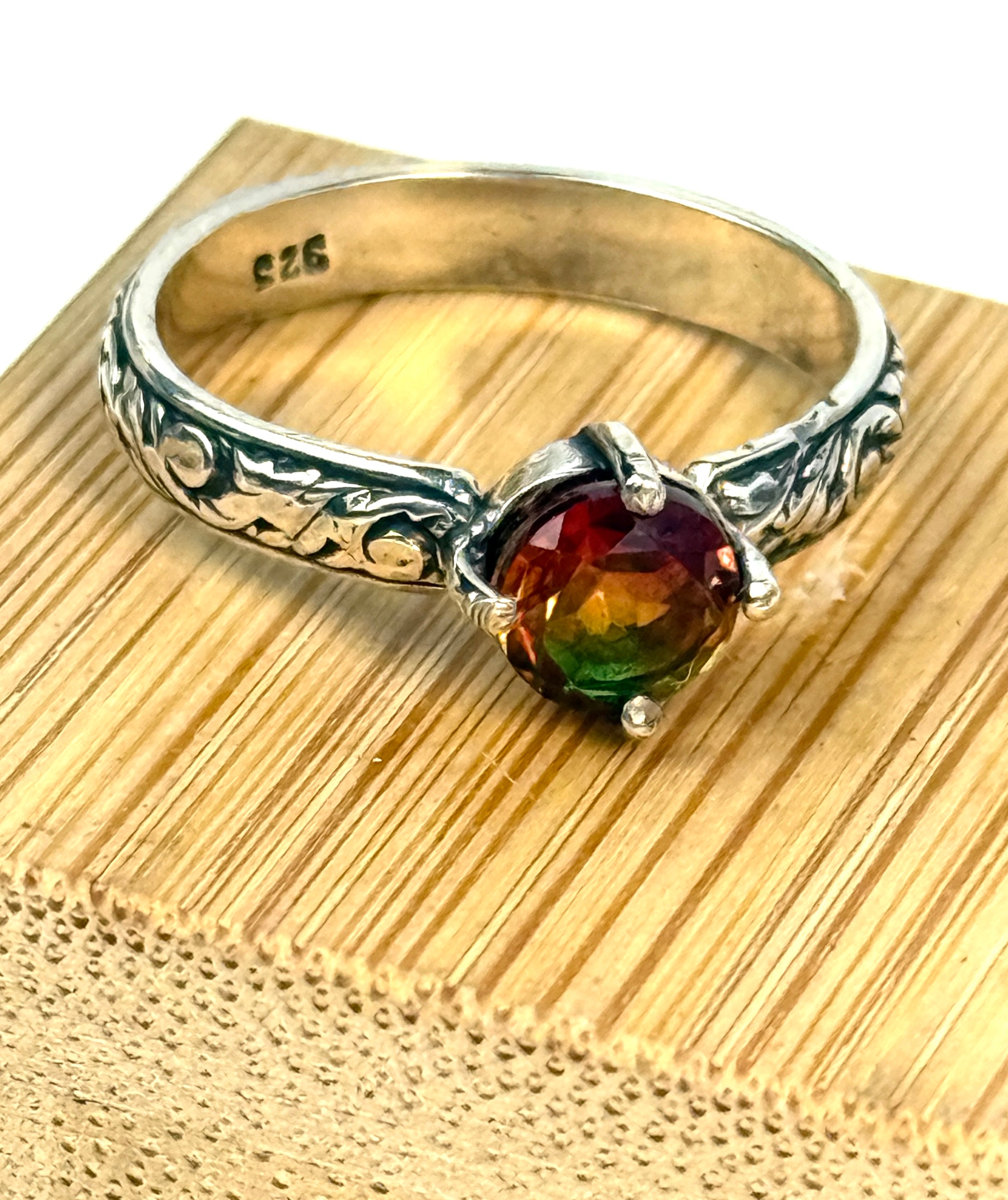 Watermelon Quartz Embossed Band Sterling Ring size 7