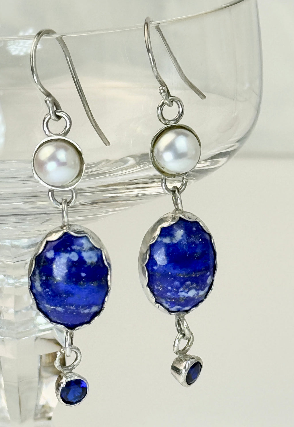 Lapis, Pearl, Sapphire and Sterling Silver Earrings