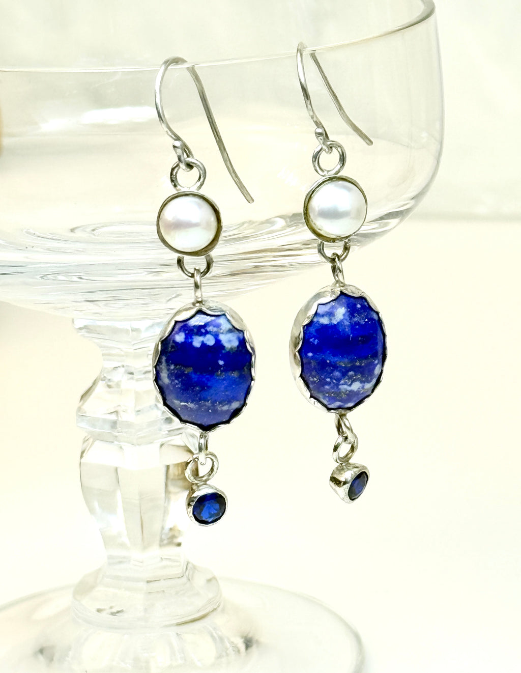 Lapis, Pearl, Sapphire and Sterling Silver Earrings