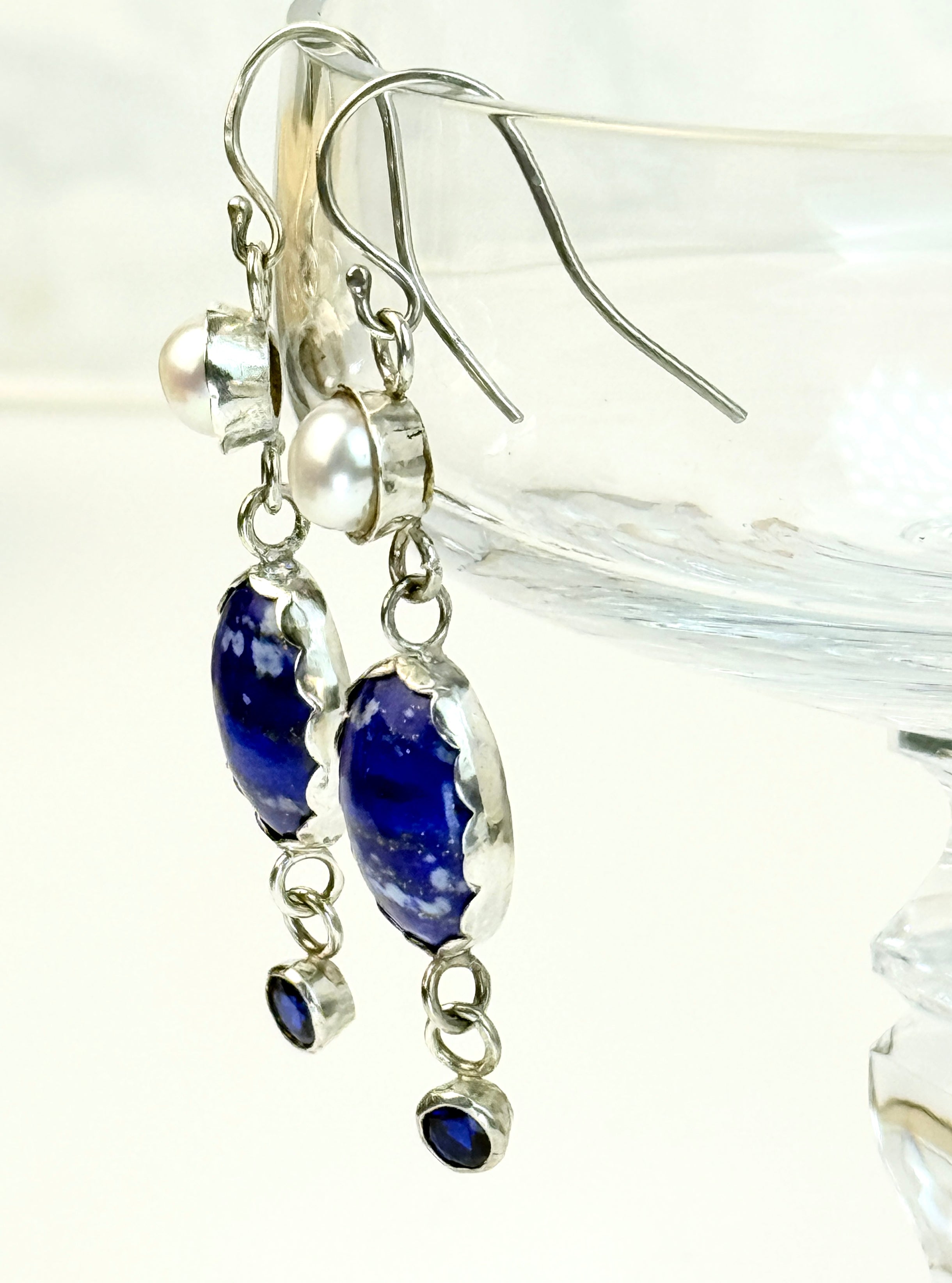 Lapis, Pearl, Sapphire and Sterling Silver Earrings