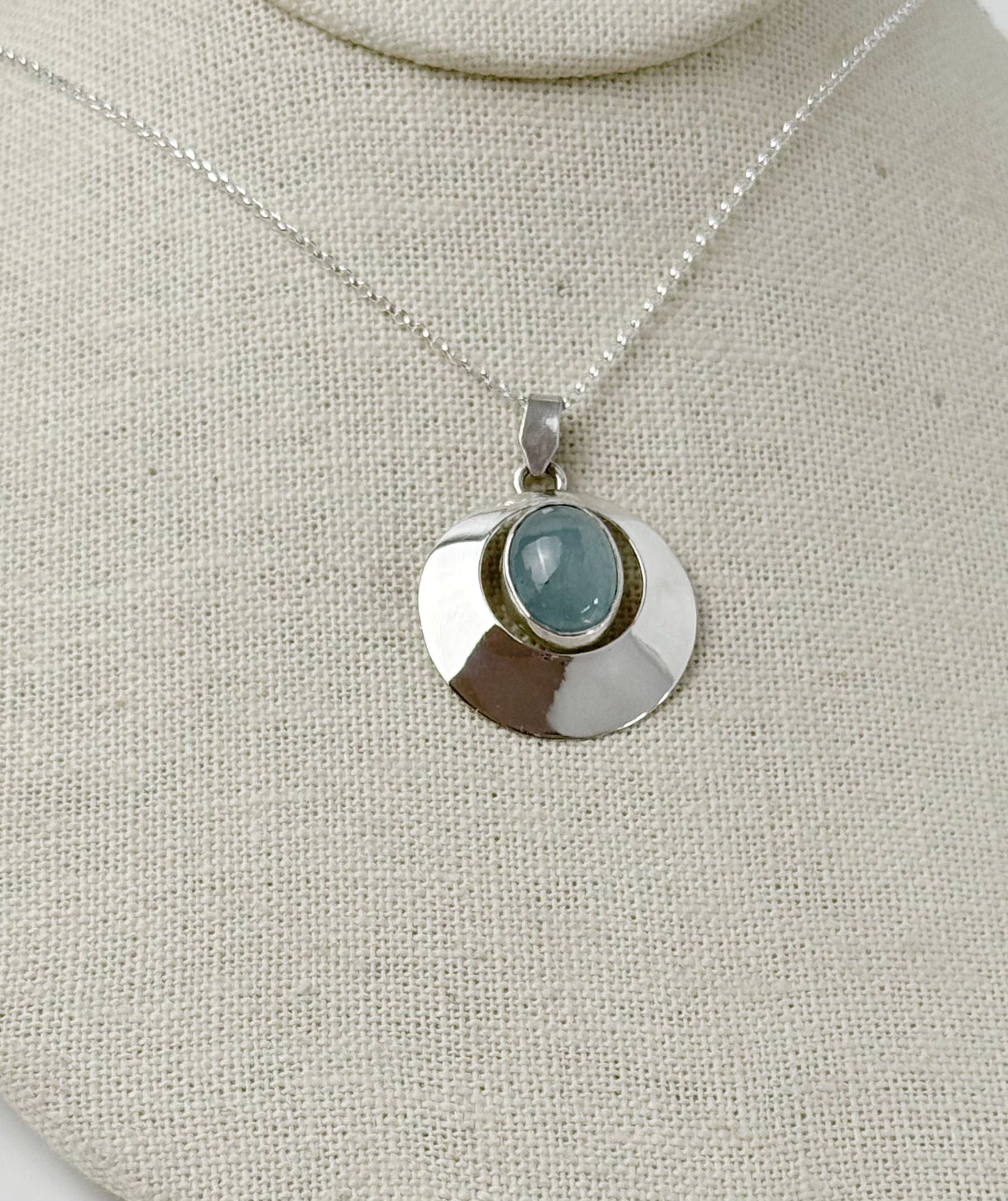 Round Aquamarine and Silver Pendant