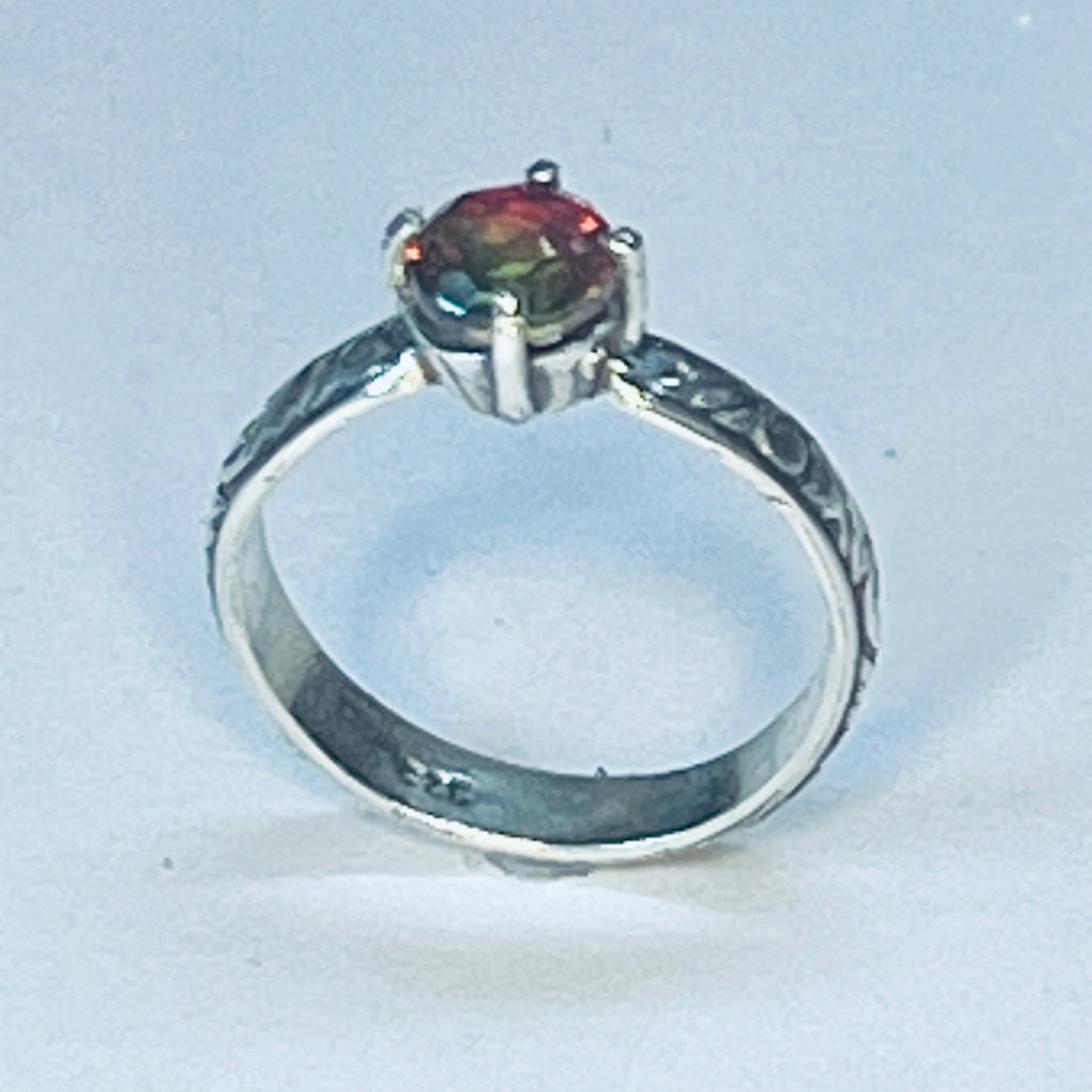 Watermelon Quartz Embossed Band Sterling Ring size 7