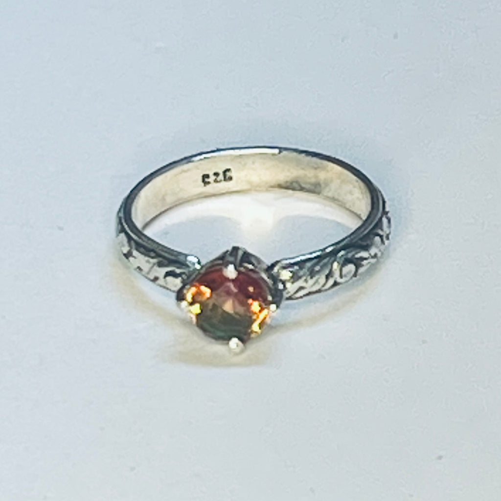 Watermelon Quartz Embossed Band Sterling Ring size 7