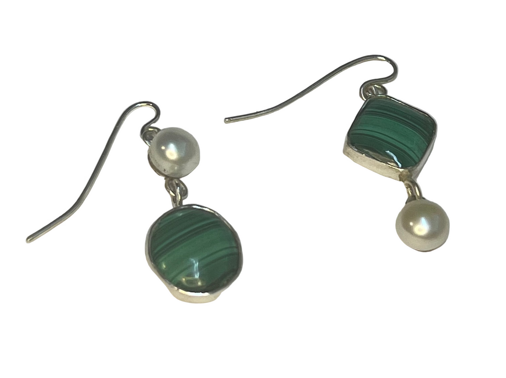 Pearl and Malachite asymmetrical earrings