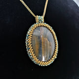 Beaded Pendant with Hand Cut Blue Tiger Eye Cabochon