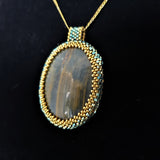 Beaded Pendant with Hand Cut Blue Tiger Eye Cabochon