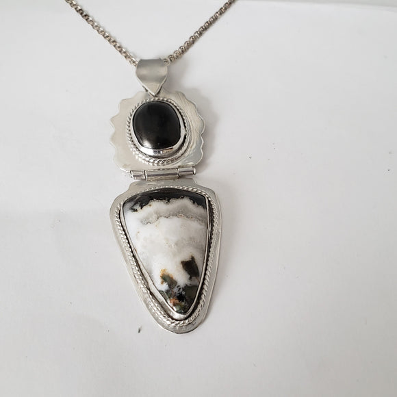 Hinged Sterling Silver Pendant with Agate (vs: Ocean Jasper) and Obsidian