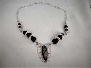 Florida Black Coral, Argentium Silver and Fossil Necklace
