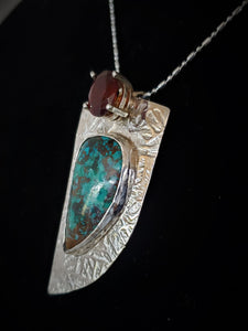 Textured Silver Pendant with Chrysocolla and Garnet