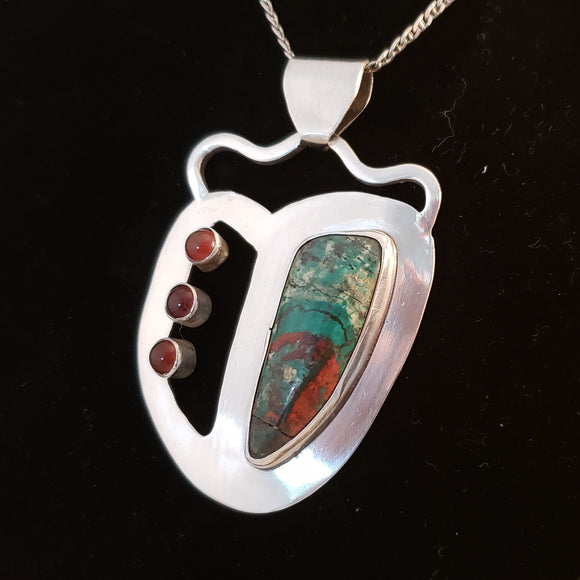 Sterling Pendant with Sonoran Sunrise Chrysocolla and Carnelian