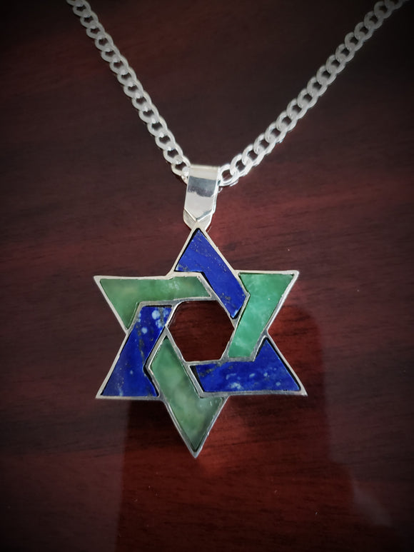 Sterling Silver Star of David Inlaid with Chrysoprase and Lapis Lazuli