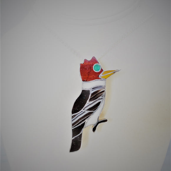 Red Headed Sterling Silver Stone Inlaid Woodpecker